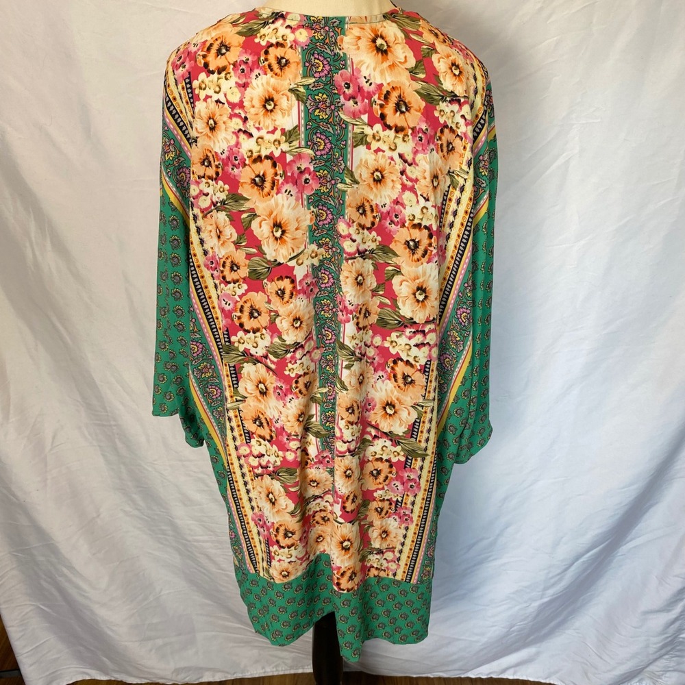 Umgee‎ Floral Paisley Kimono Cardigan Womens 1XL Green Pink Boho Festival Gypsy - Picture 7 of 10